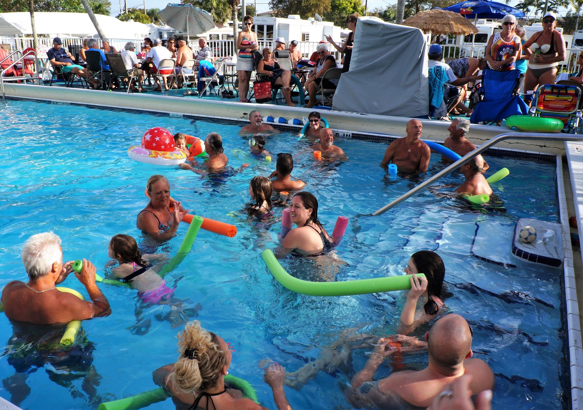 A group of swimmers play with water noodles in a pool