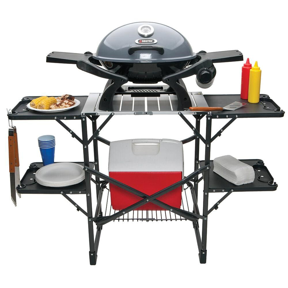 Folding outdoor cooking station against a white background.