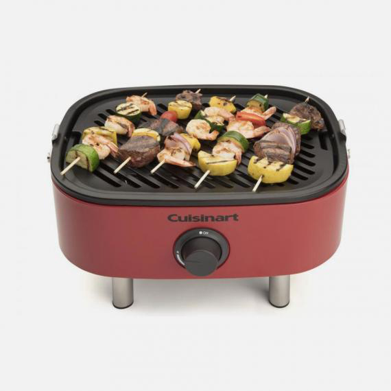 VENTURE PORTABLE GAS GRILL with kabobs on grill
