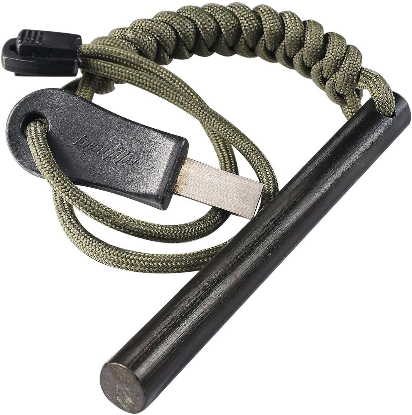 4 Inch Survival Ferrocerium Drilled Flint Fire Starter Ferro Rod Kit with Paracord Landyard Handle and Striker