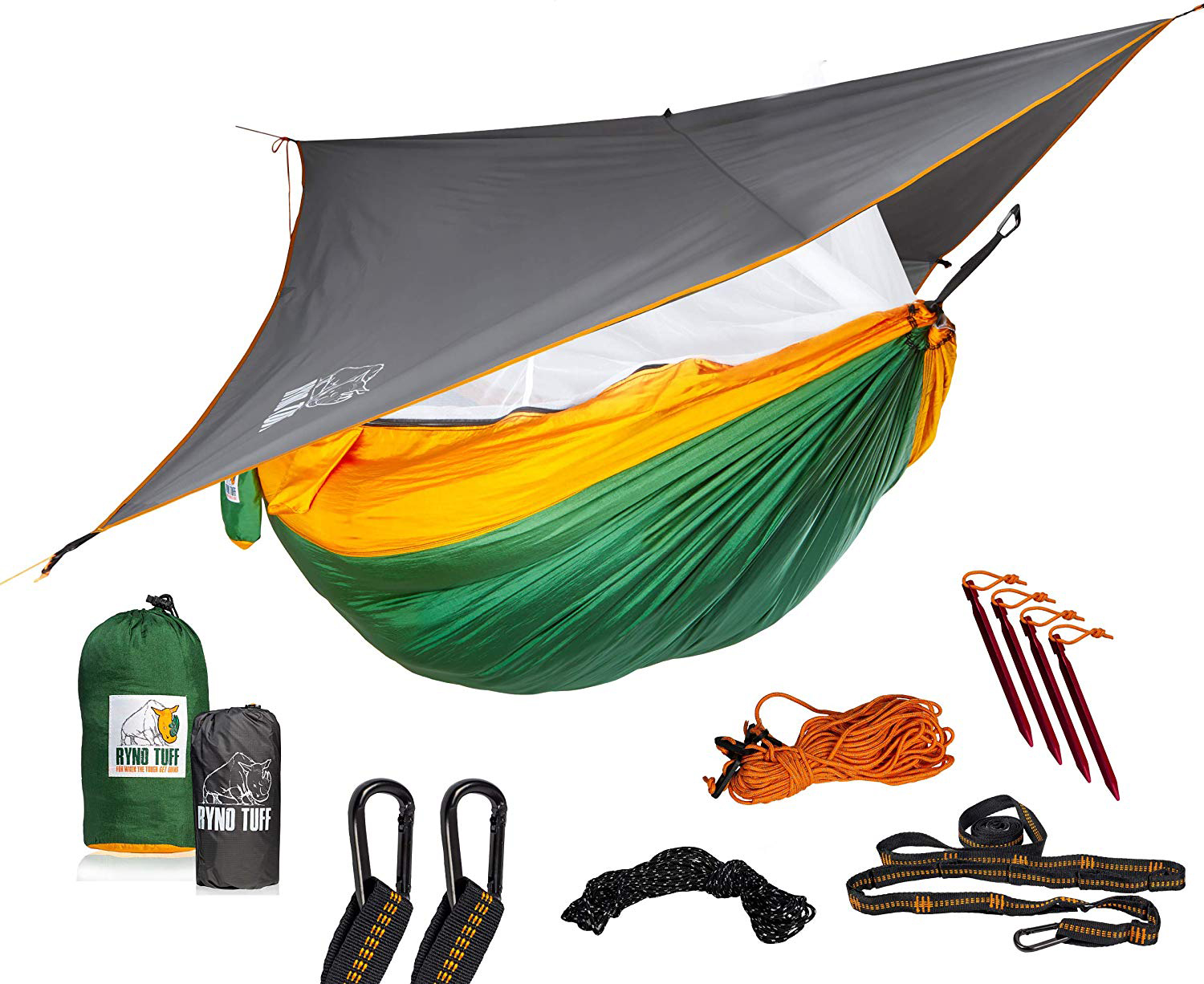 Double Hammock with Bug Net and Tarp, Reinforced Not to Tear But Still Lightweight, Extra Pocket