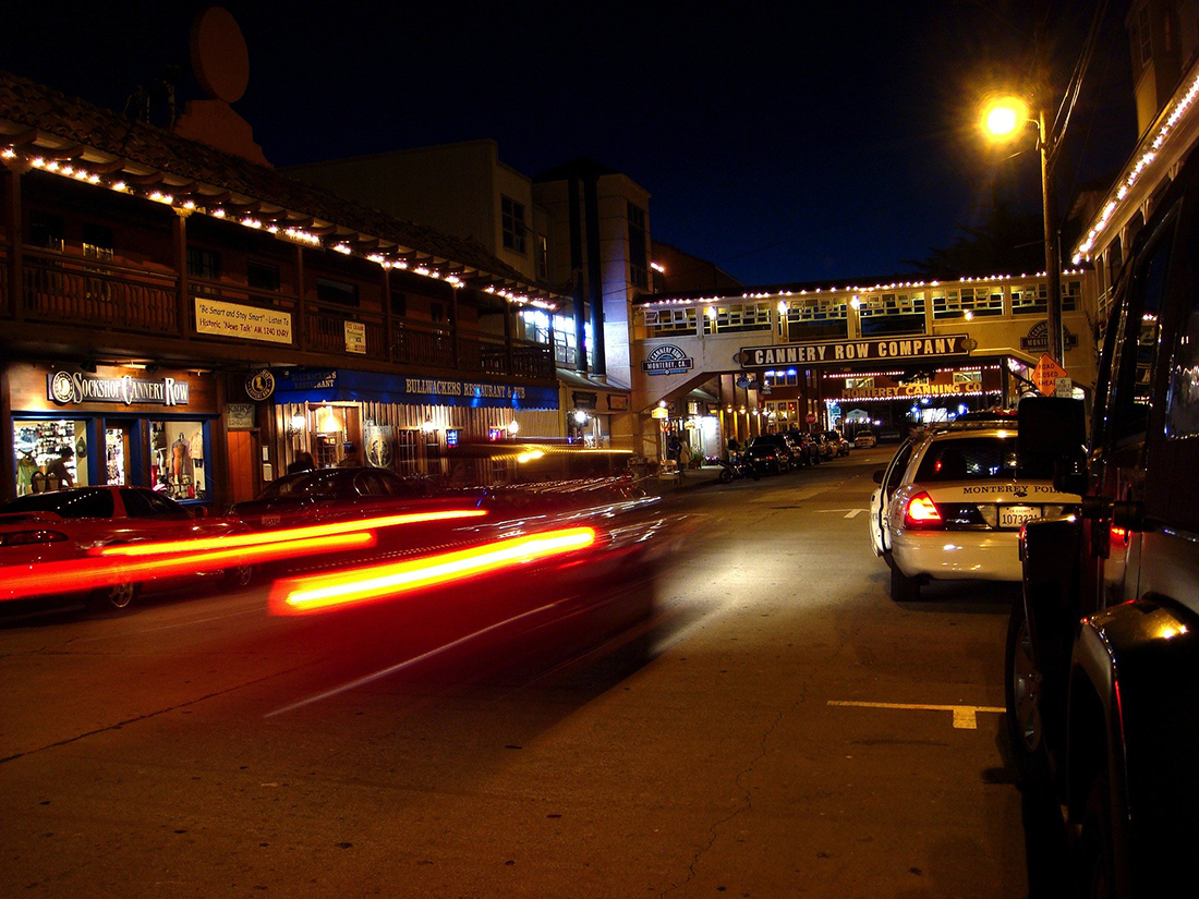 A nighttime shot of Cannery Row.