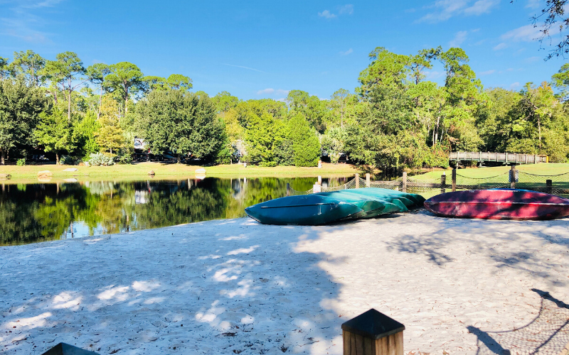 Overlooking a lake with row of canoes in the foreground.