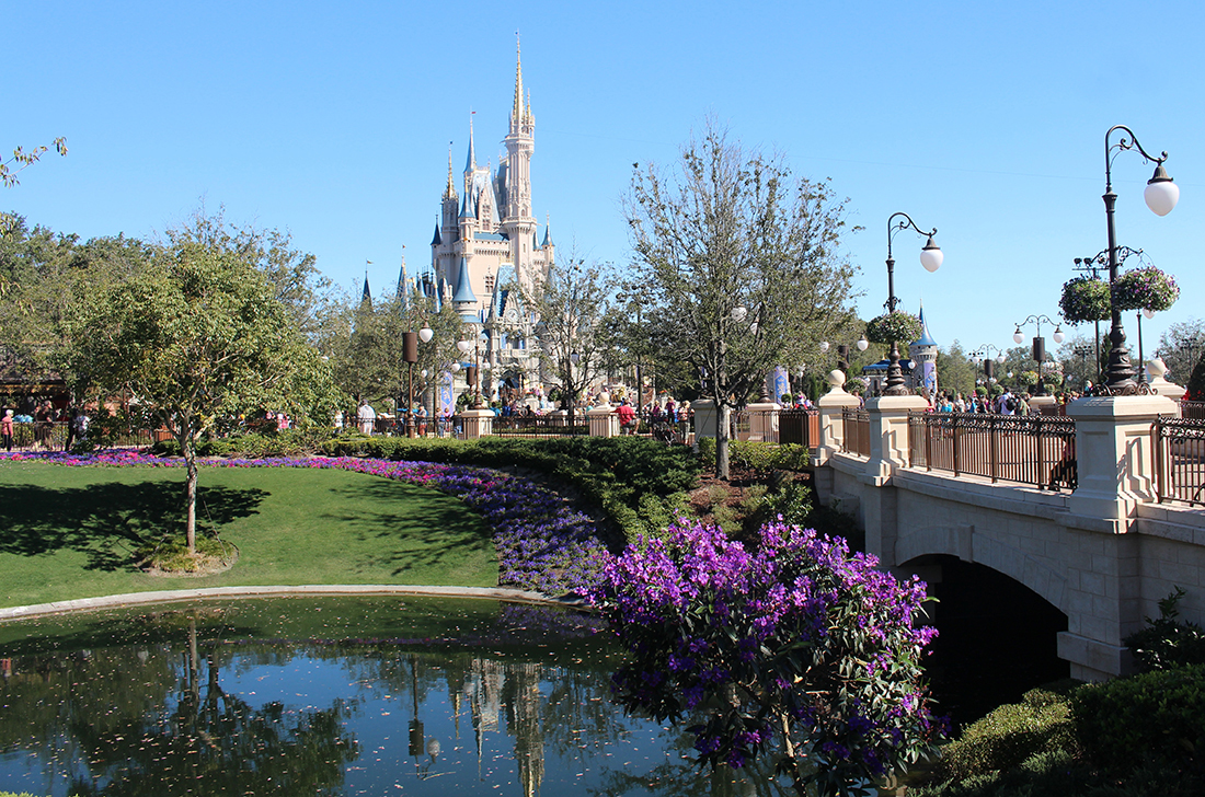 Cinderella’s castle rises majestically in the background as bridge crosses river.