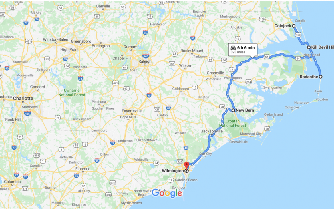 North Carolina map with blue driving route line