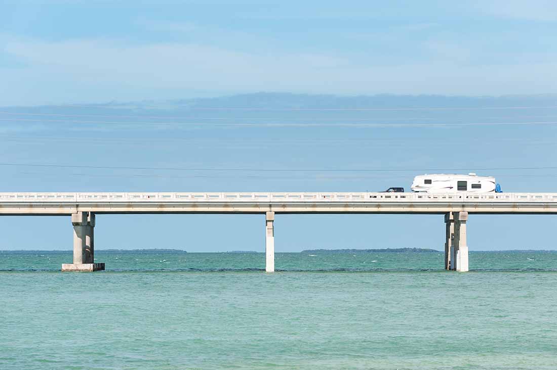 RV traveling on Seven Mile bridge of Overseas Highway between Florida Keys, USA