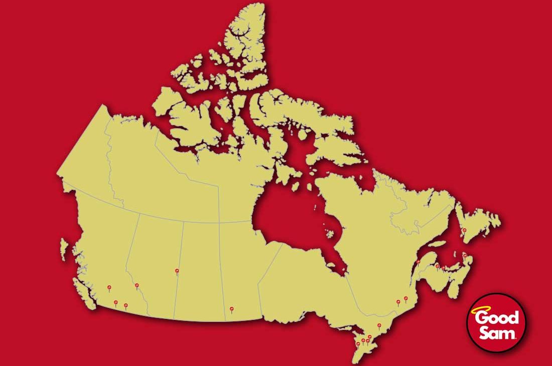 Canada map with location pins in specific areas with Good Sam logo in bottom right corner.