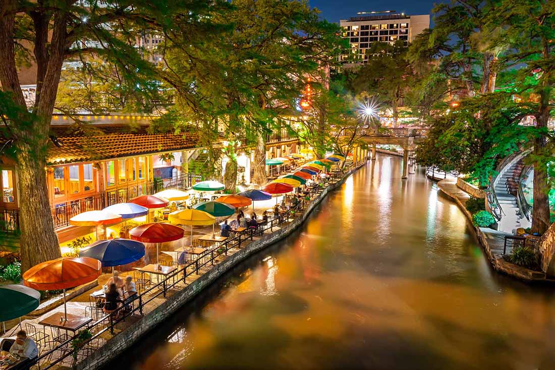 Long exposure night photography of San Antonio Riverwalk