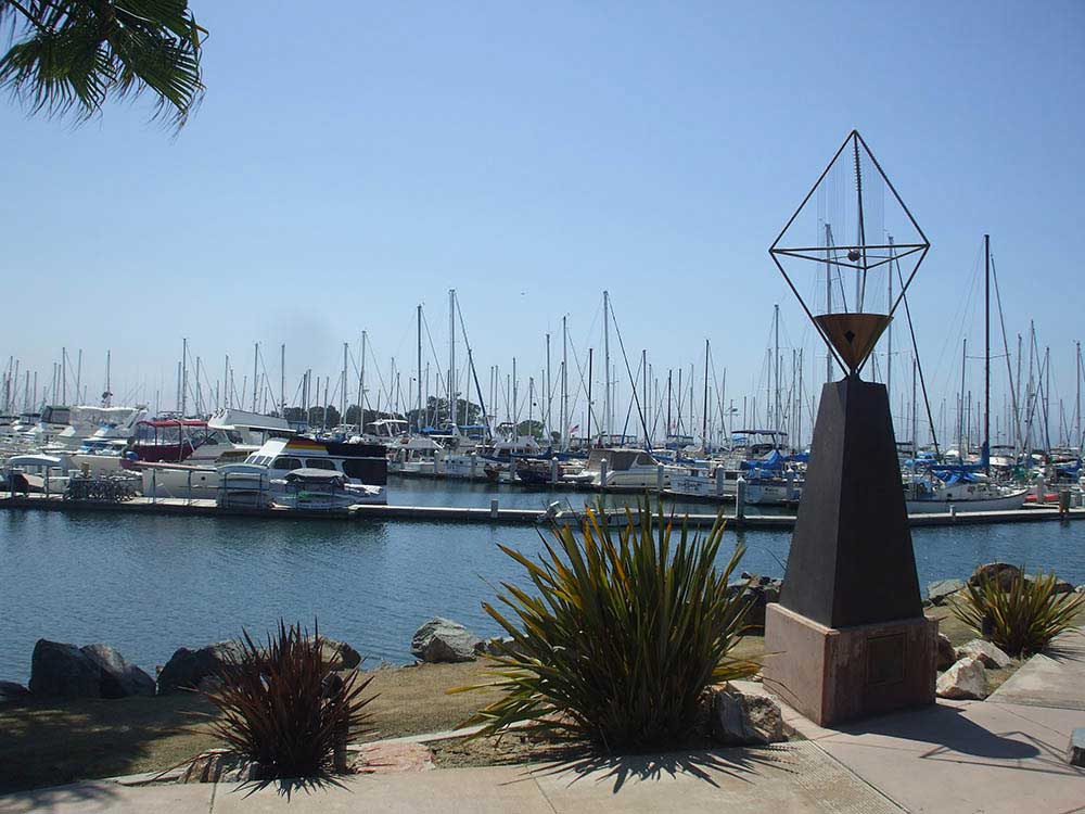 A view of boats docked on a marina.