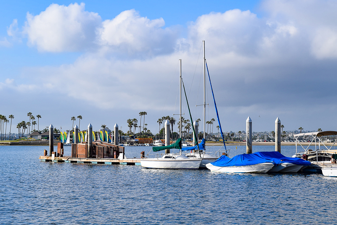 This boat dock is at the north end of Sail Bay in Mission Bay Park in San Diego.