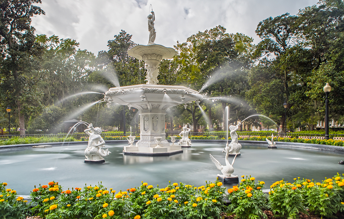 A fountain in a park square.