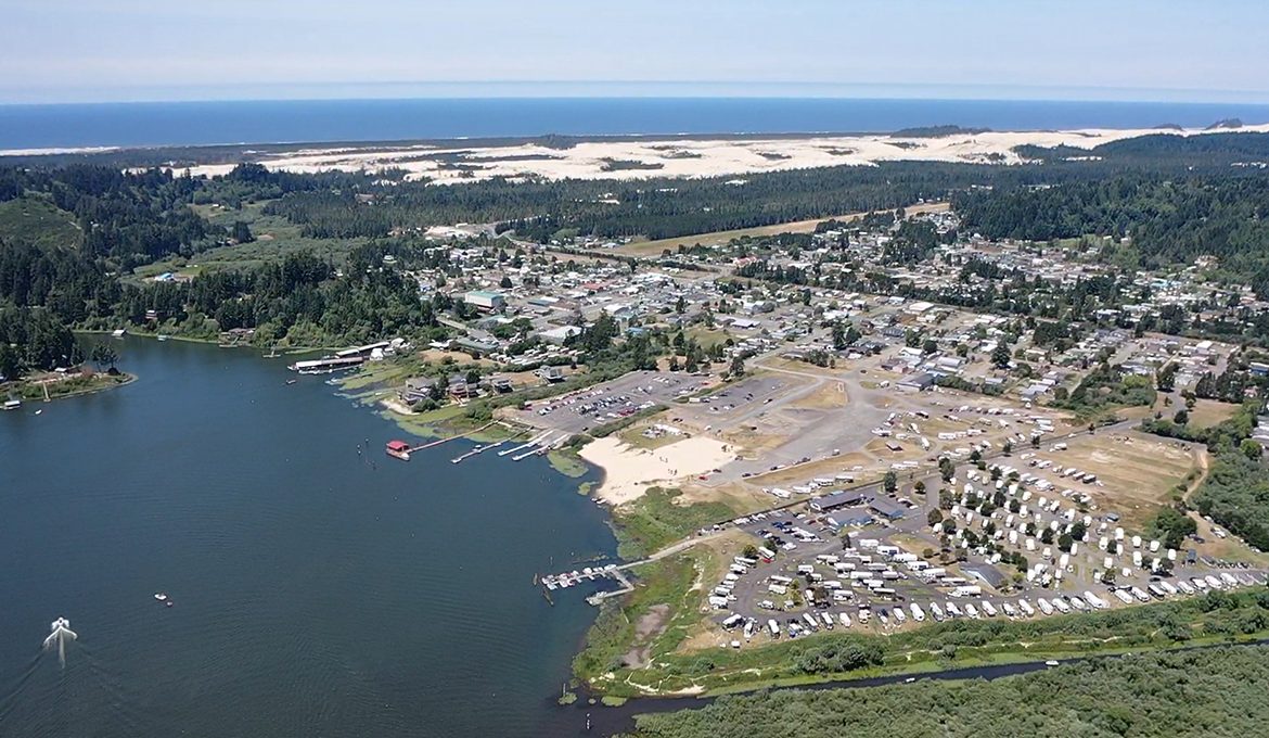 Aerial shot of coastal marina.