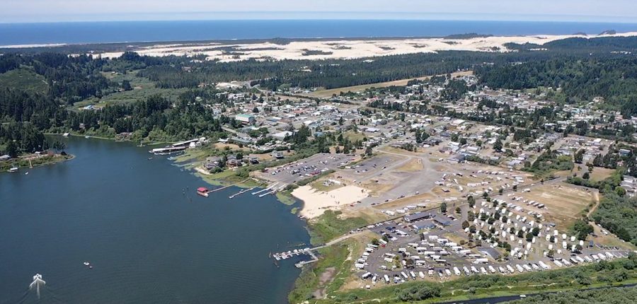 Aerial shot of coastal marina.