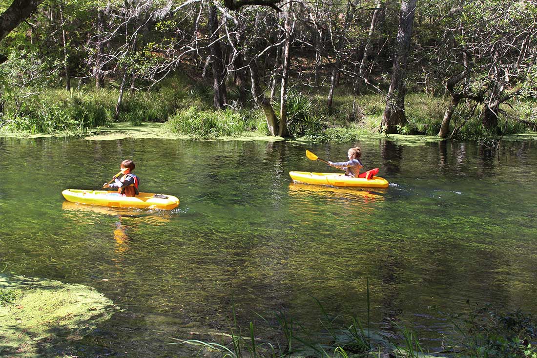 Ichetucknee Springs State Park Two kids in yellow kayaks on clear water.