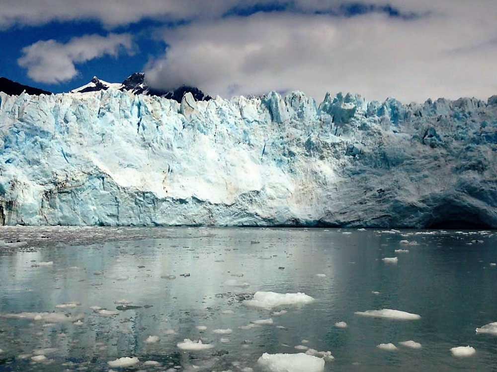 A glacier rises above the ocean.