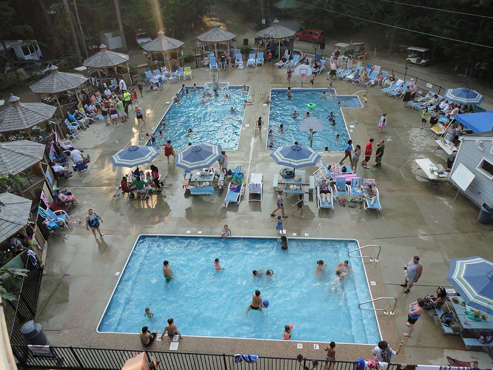 Aerial shot of three swimming pools