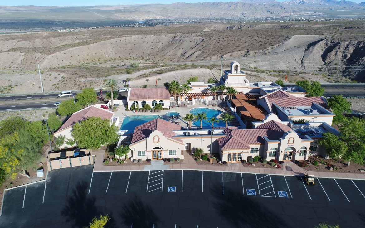 Aerial view of RV resort and pool