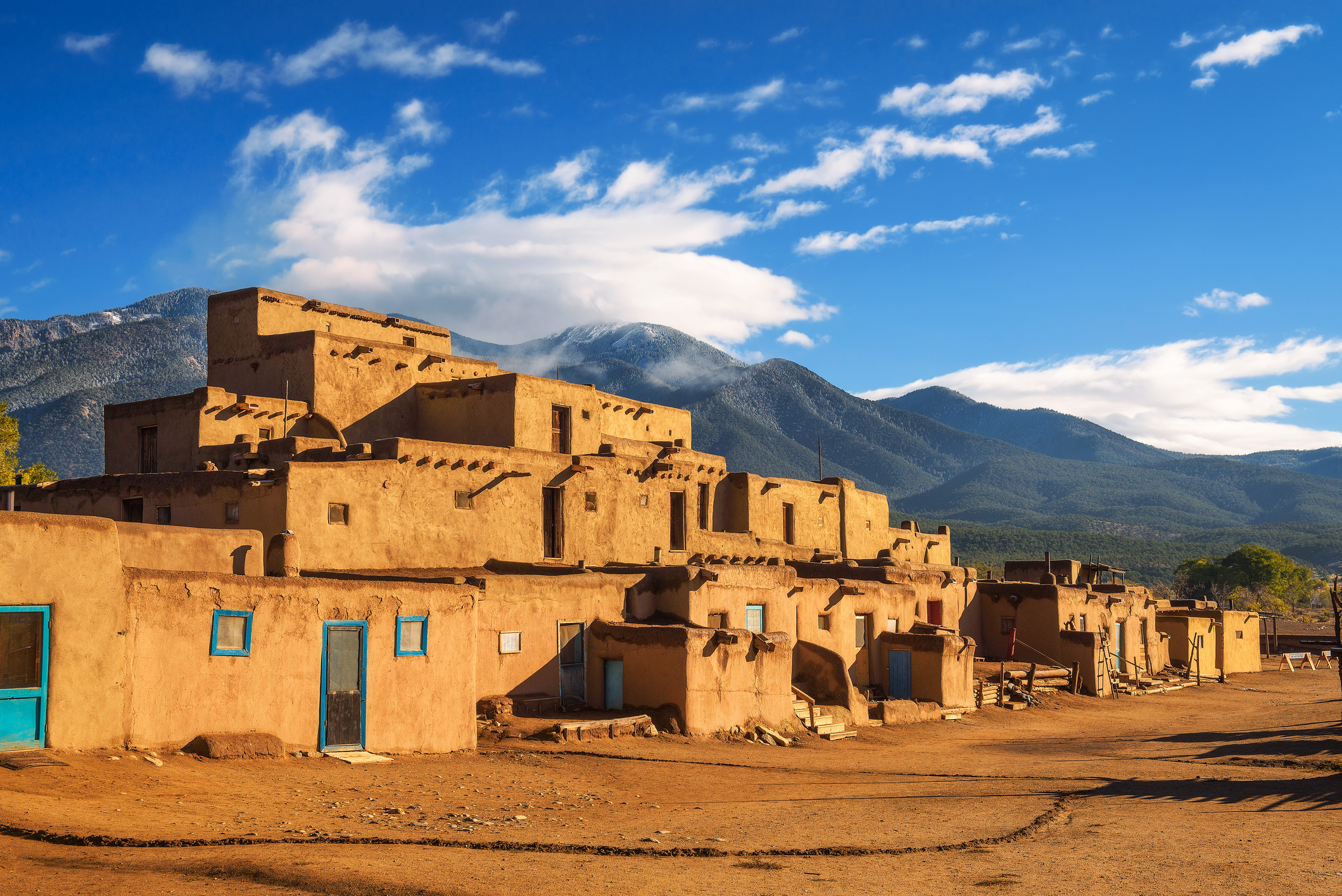 Ancient dwellings of Taos Pueblo in New Mexico on sunny day