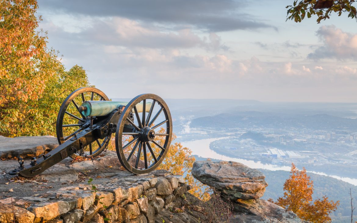 Chattanooga, Tennessee, view from Lookout Mountain at twilight.