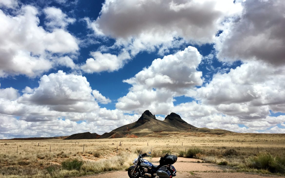 Motorcycle on lonely desert road in Arizona