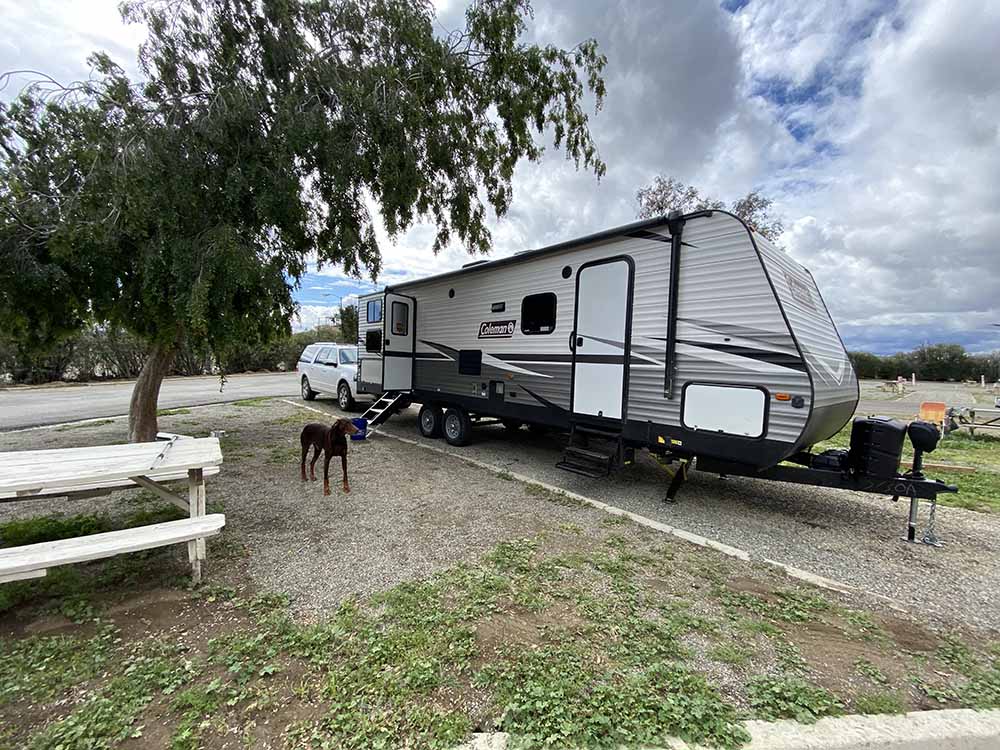 Travel trailer against a big sky.