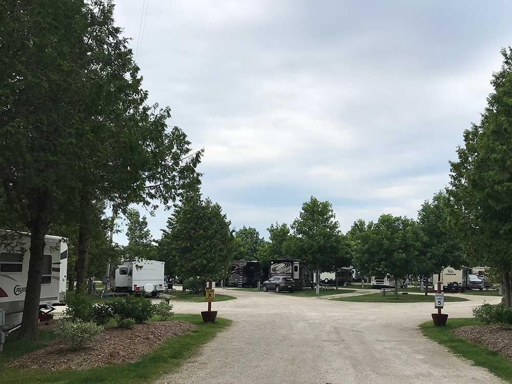 A woodsy campground with motorhomes and trailers.