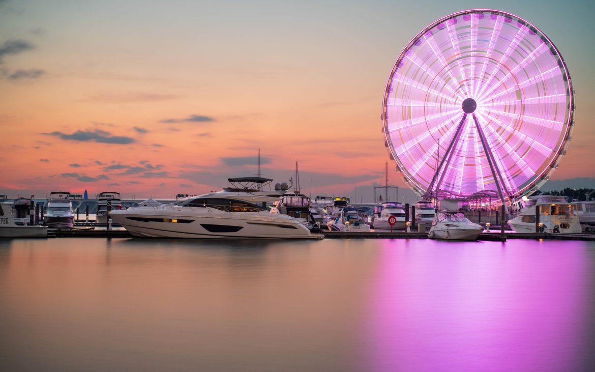 Ferris wheel seen at sunset time at the National Harbor in Oxon Hill, Maryland