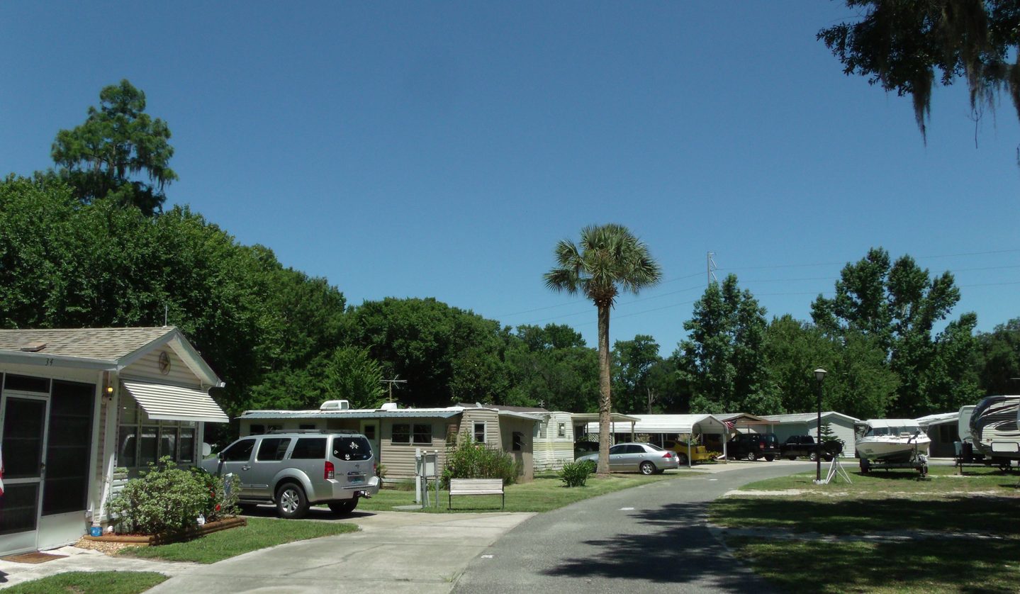 Street view of park models and RV spots