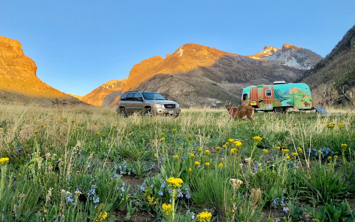 Camping in Lamoille Canyon with colorful Airstream trailer