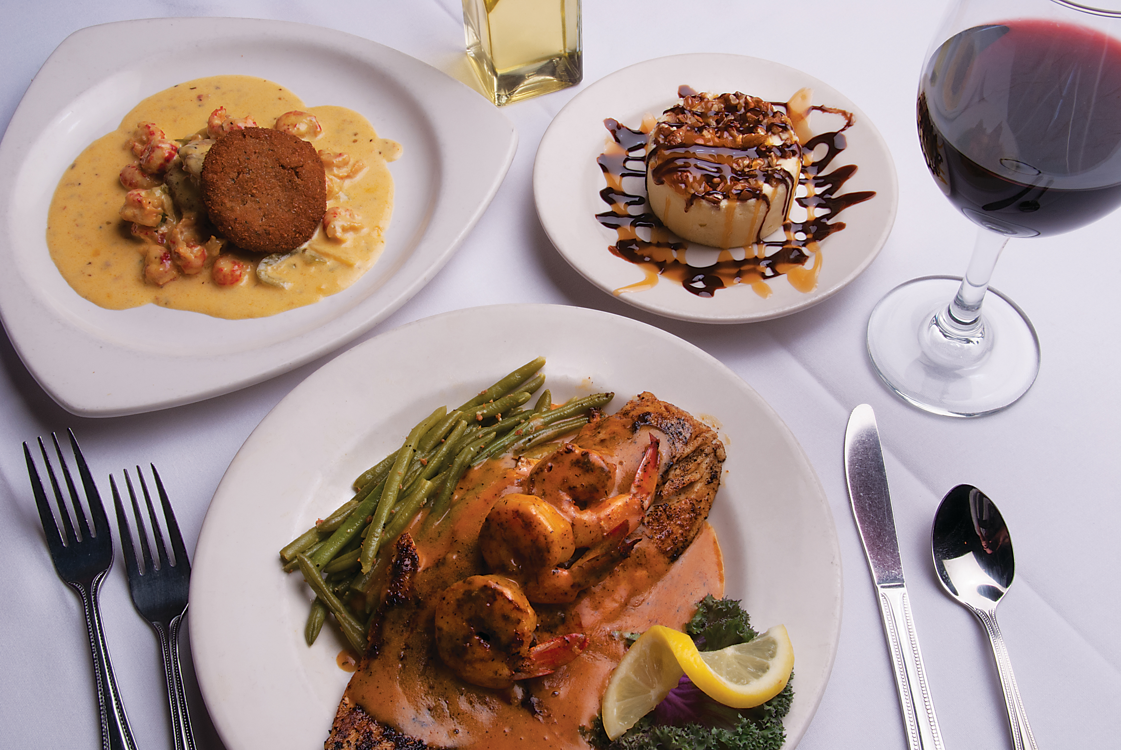 Gourmet dishes of seafood and chocolate. 
