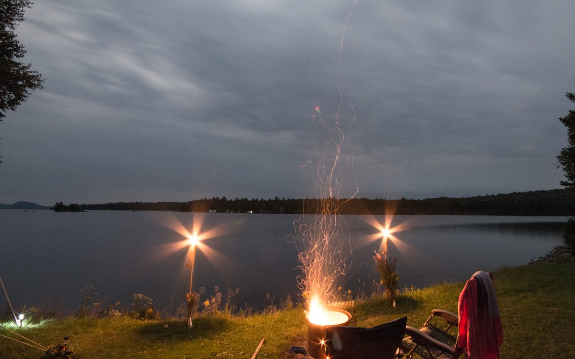 Nighttime at Moosehead Lake with sparklers