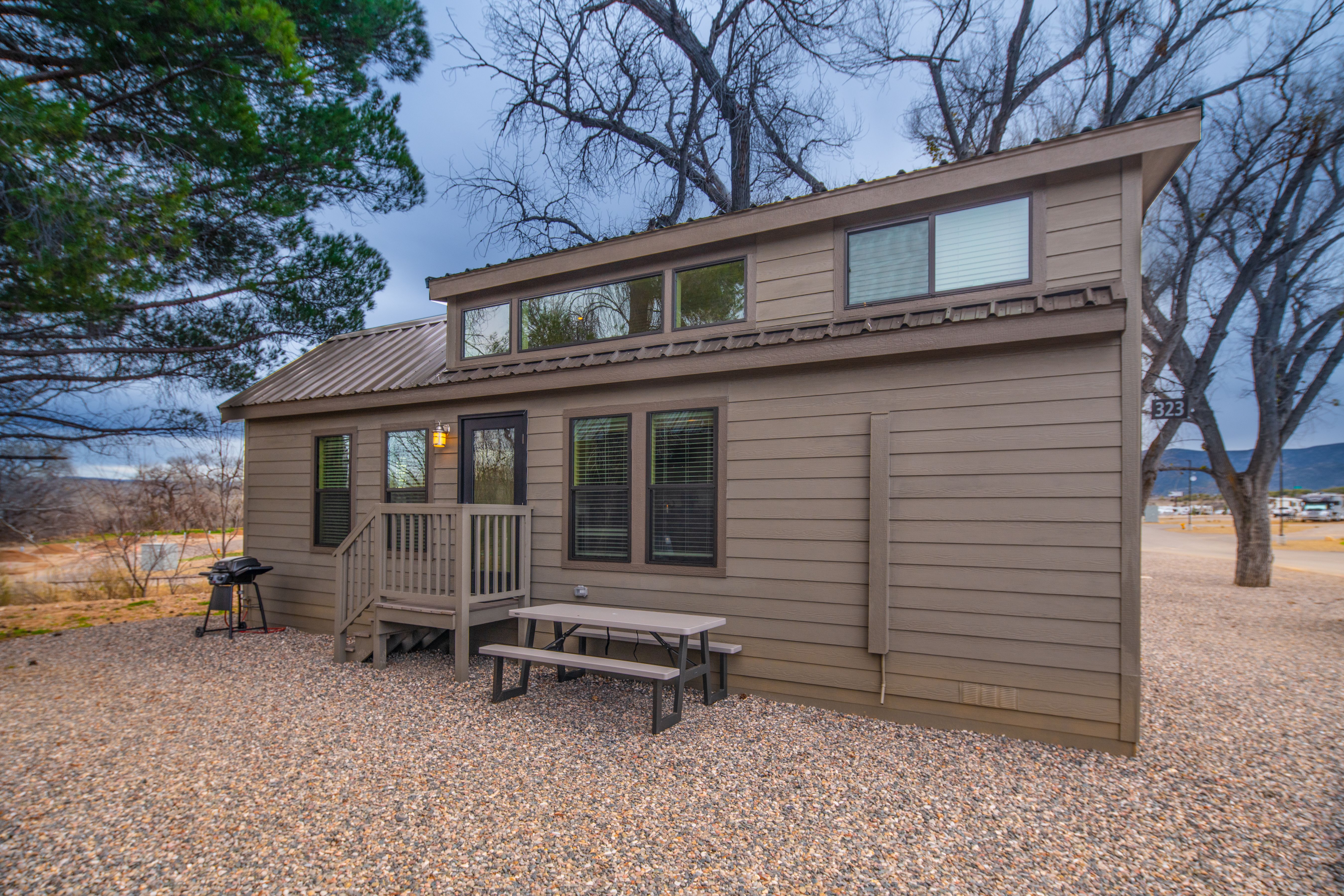 A cottage with split level and earthy color 