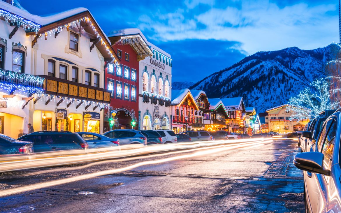 Beautiful Leavenworth with holiday lighting decorations in winter, one of the great winter destinations.. 