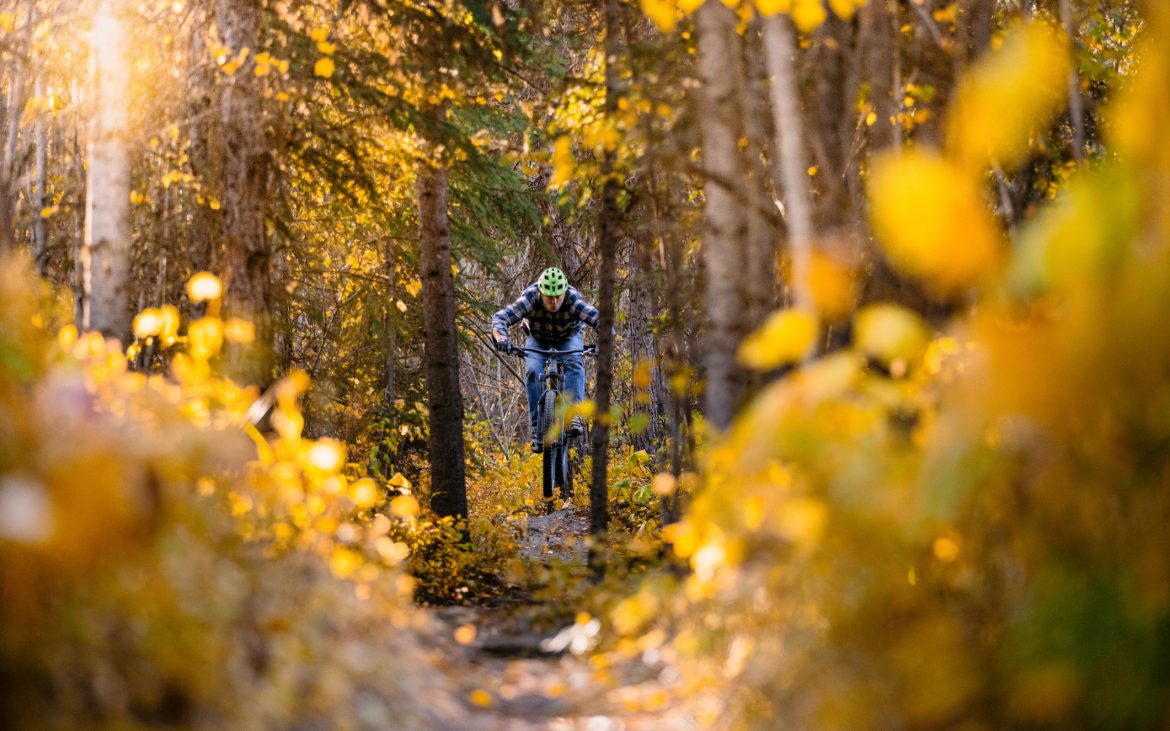 Man riding through autumn-colors.