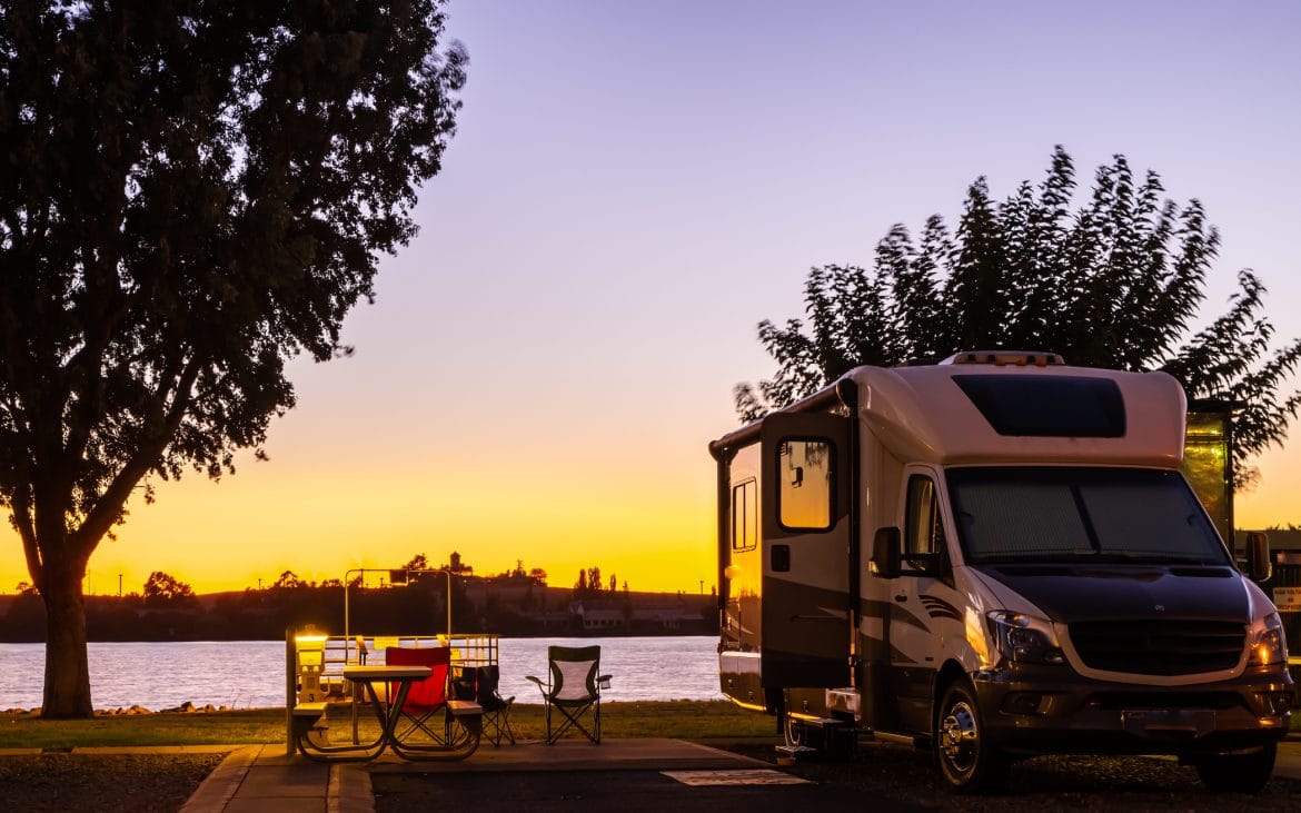 Rv parked at a campsite in the delta, Rio Vista, Ca. under a beautiful sunset sky