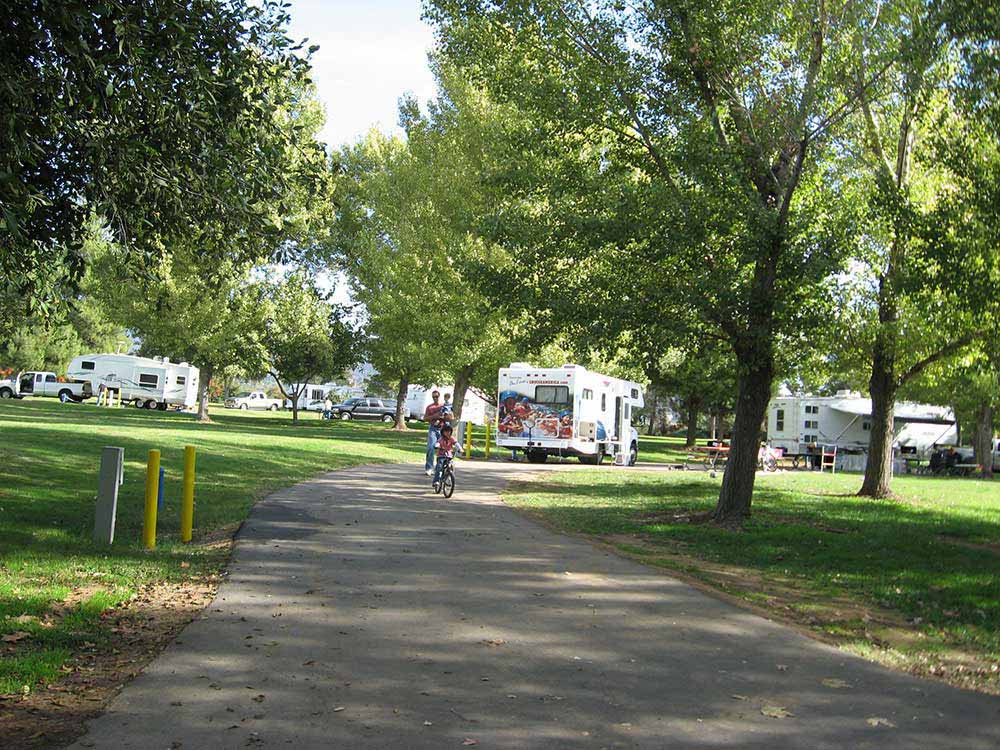 RV park under green shade trees.