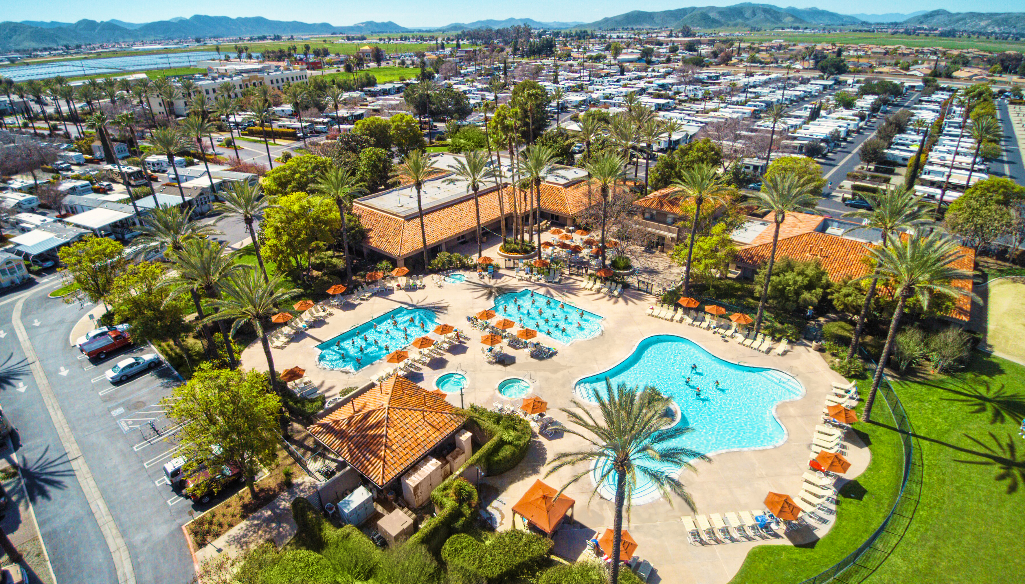 Aerial view of Golden Village Palms RV Resort