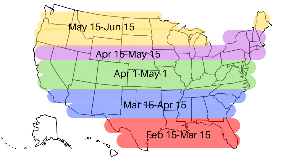 Map of U.S. showing different dates by lattitude