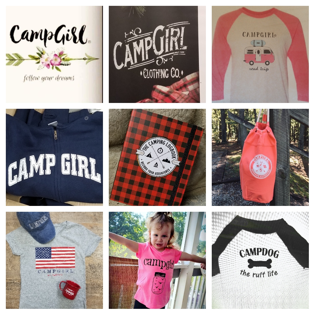 An array of "Camp Girl" shirts and hats for all ages.