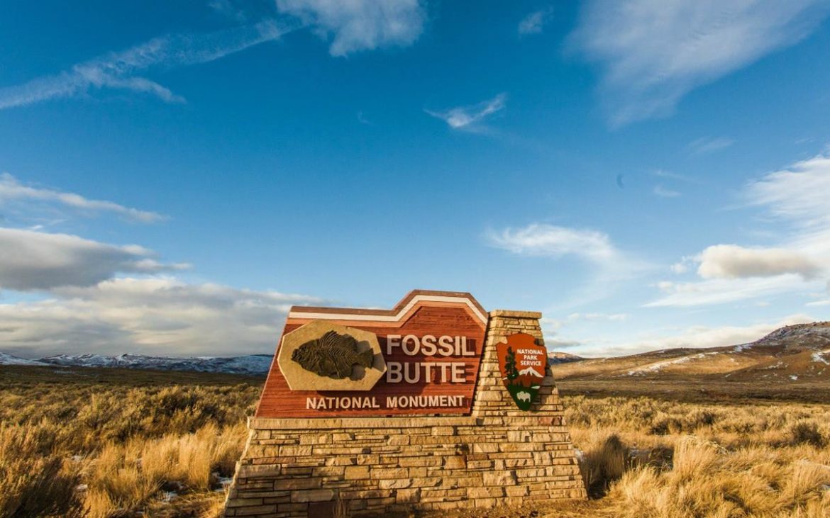 A sign proclaiming "Fossil Butte National Monument" against a rugged background.
