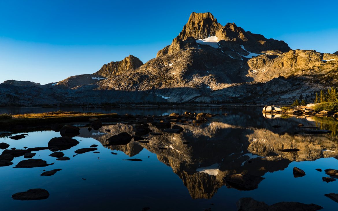 Calm water after a windy night was a welcome surprise to catch Mt Ritter and Banner Peak in morning light.