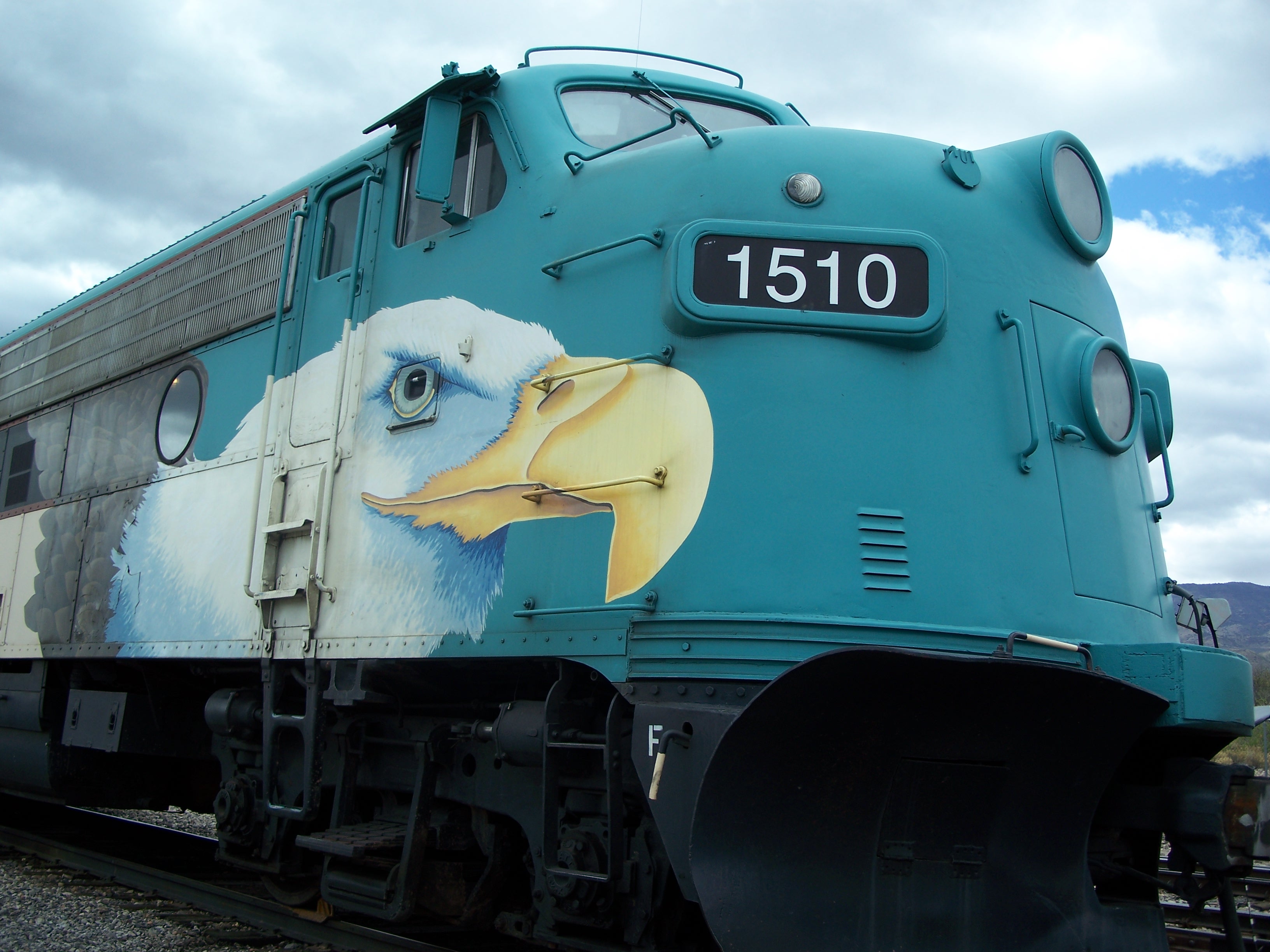 Train with eagle painted on the side. 