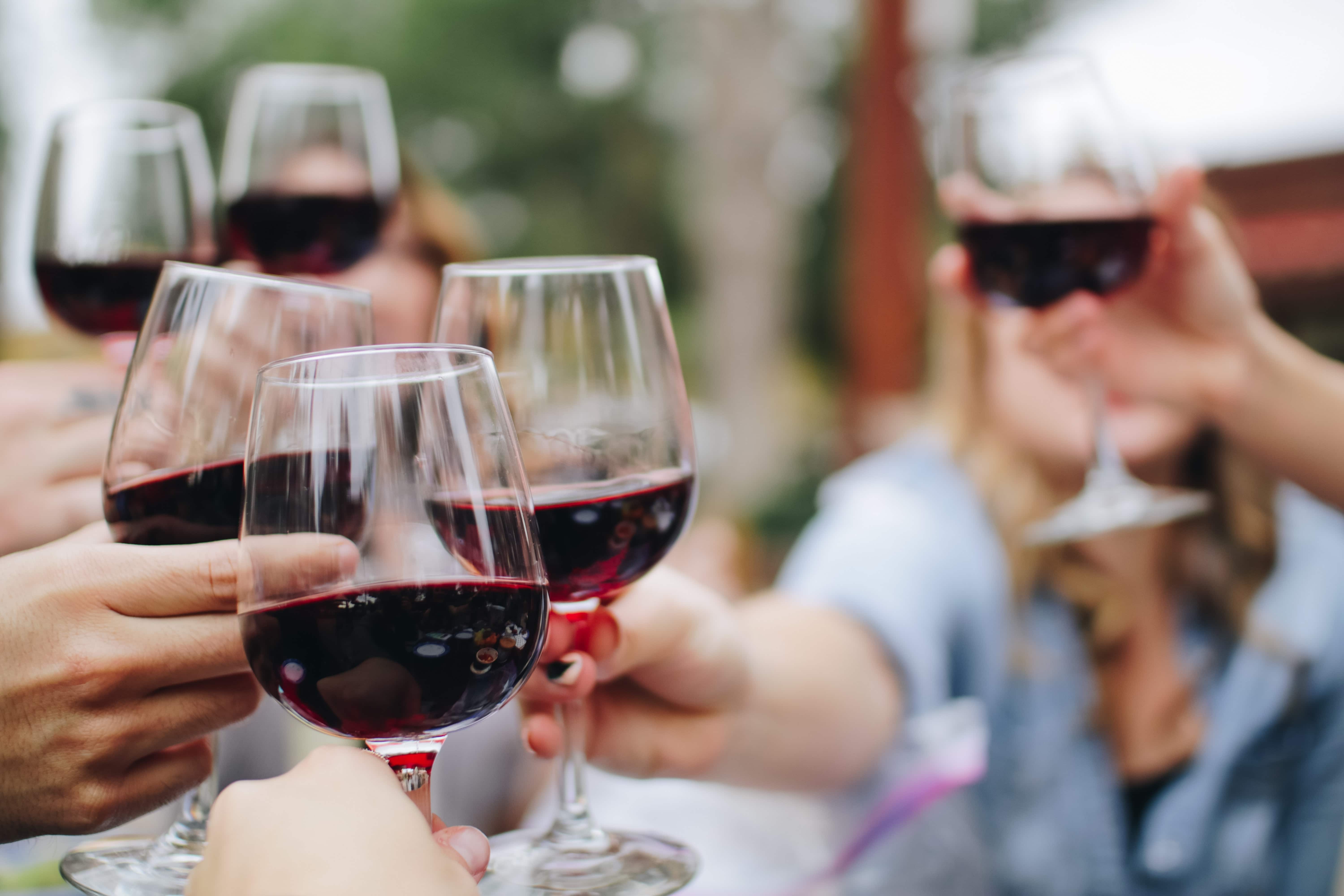 Wine drinkers toast their glasses of red vintages.