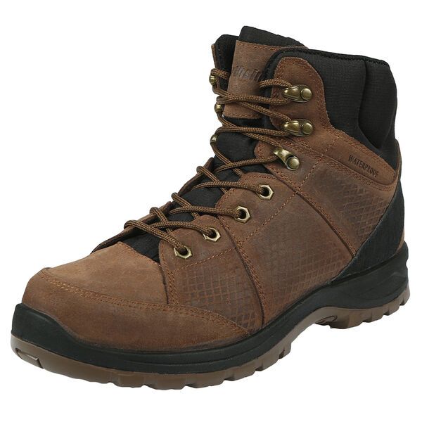 Brown leather hiking boot.