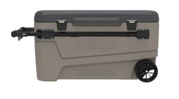 Grey and beige cooler with wheels.