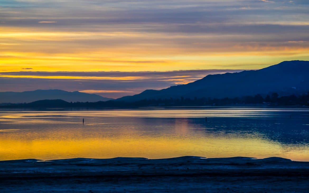 Dramatic vibrant sunset scenery in Lake Elsinore, California 