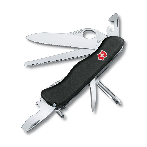 Black Swiss army knives with blade and tools deployed.