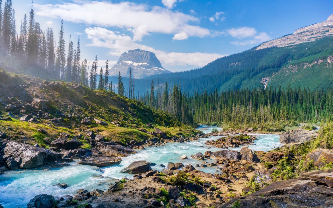 Stream and mountains at Yoho National Park, Field, Canada.