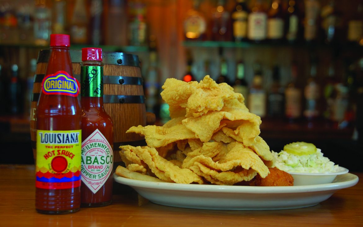Tangipahoa Parish offers a variety — a plate of battered seafood with Tabasco.