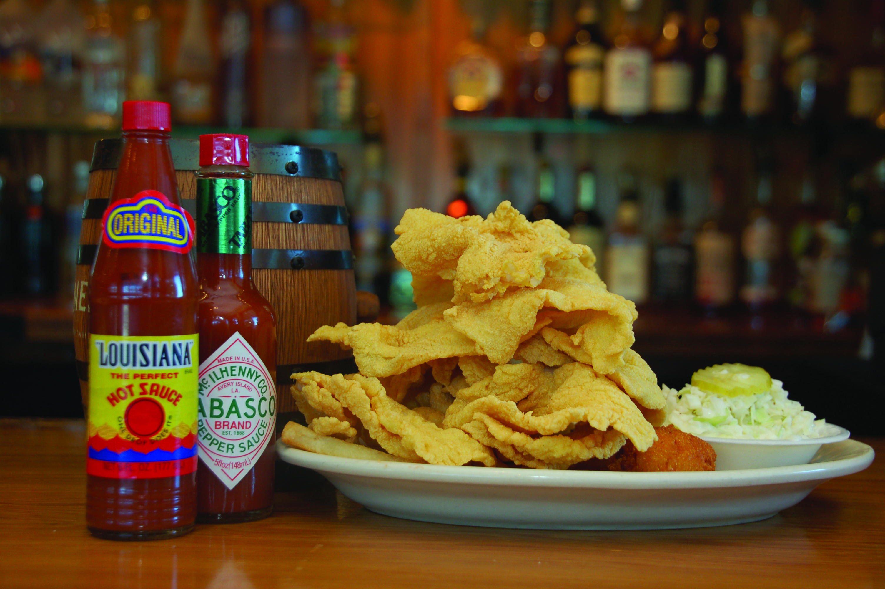 Tangipahoa Parish offers a variety — a plate of battered seafood with Tabasco.